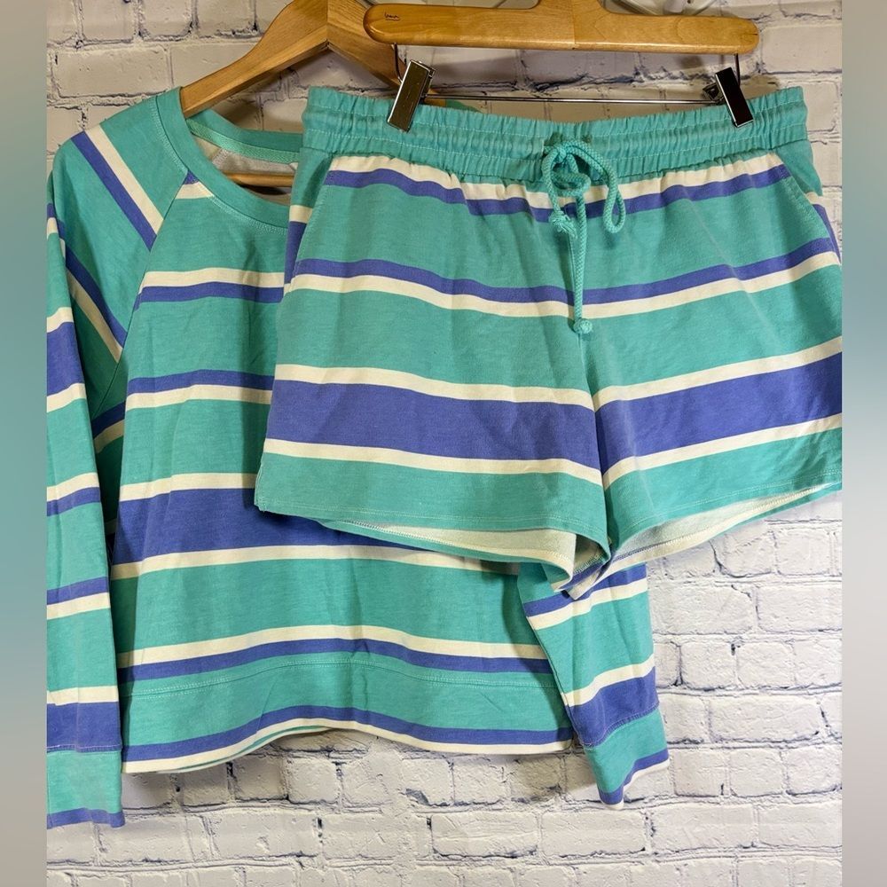 WILDFOX Two-Piece Set Top Shorts Green Blue Stripe Sleep Loungewear Pajamas L